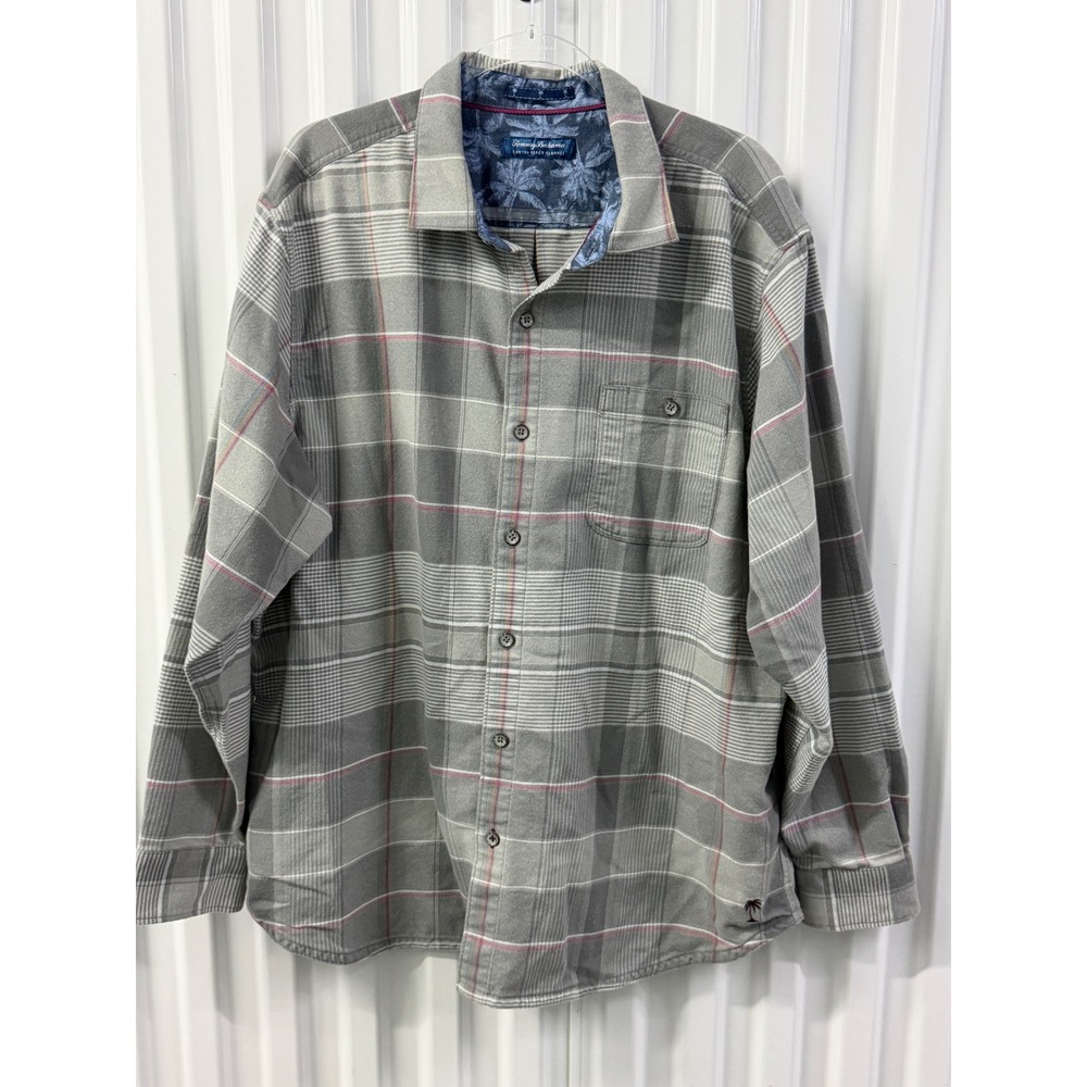 Tommy Bahama Canyon Beach Flannel Mens L Gray Plaid Excellent Cotton Stretch
